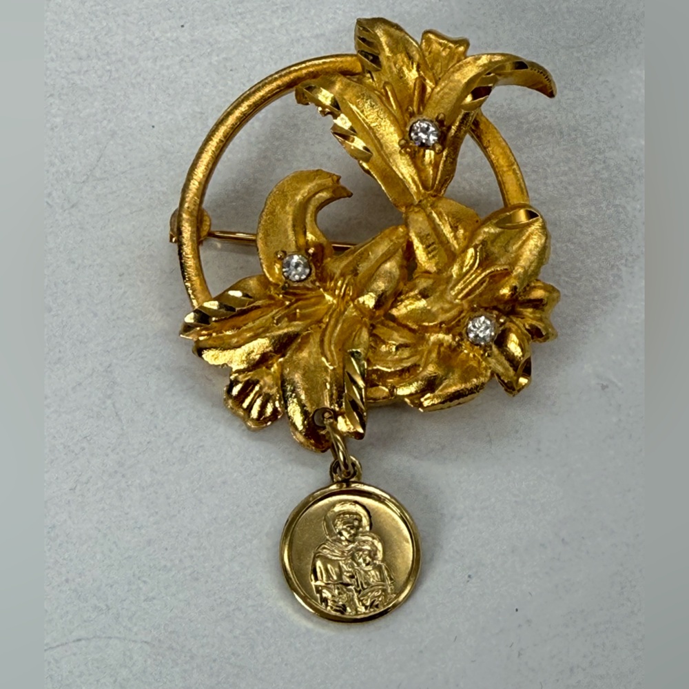 Vintage Floral Brooch Dangling Devotional Charm Faith Inspired Communion Gift